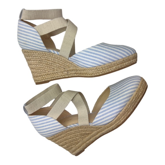 Violet & Red Lynda Blue and White Stripe Espadrille Wedge with Ankle Strap - Picture 1 of 5